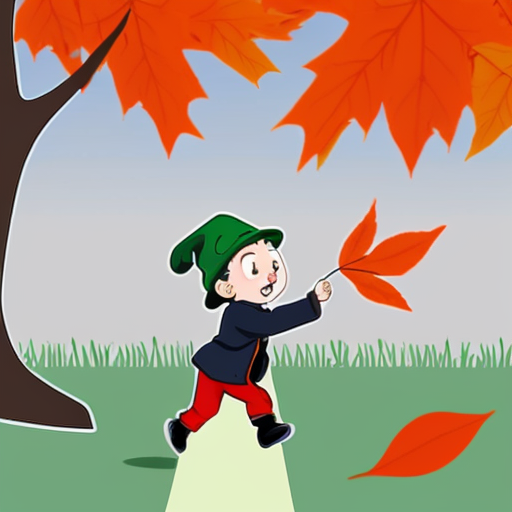 create only one image of A child holding onto a hat as leaves blow sideways; trees bending; swirling wind lines Grey-blue wind swirls, green and orange leaves, brown tree, blue coat in cartoon style