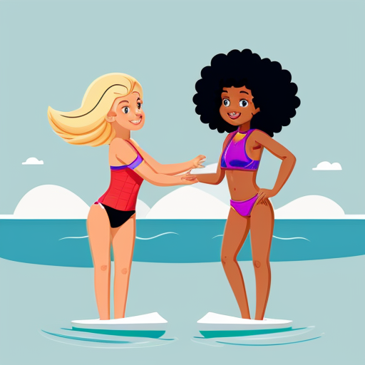 Two young small girls, one with dark skin, black curly hair and red two-piece swimsuit, and the other with light skin, blonde straight hair and blue two-piece swimsuit, they are playing in the sea, cartoon-style bold line work, vibrant colors, cel shading