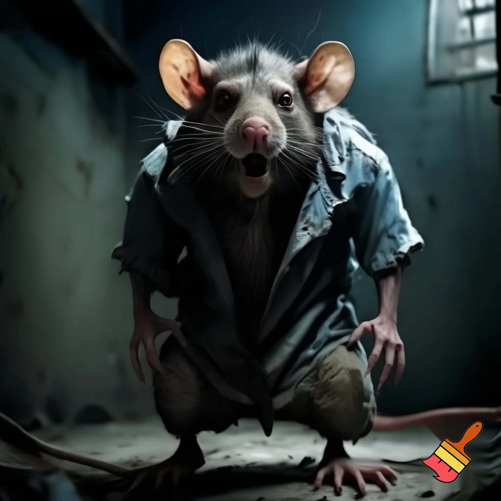 strong rat, evil, sinister, wearing prison outfit, mugshot style, no human

