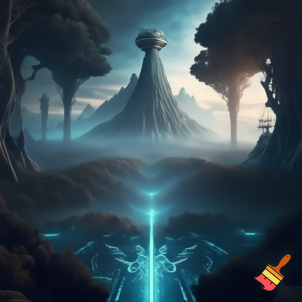 Epic panoramic alien world at dawn — impossibly symmetrical forests, bioluminescent oceans like circuitry, fractal tectonic ridges, a mountain crowned with a hidden metallic cradle/temple, subtle mist, cinematic wide-angle, ultra-detailed sci-fi concept art, dramatic volumetric light shafts, high detail, 8k.