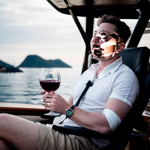 Elon musk sitting in a chair read “Poor Richard’s Almanack” while a servant is bringing him a glass of wine and he on a luxurious yacht with his femboy friends