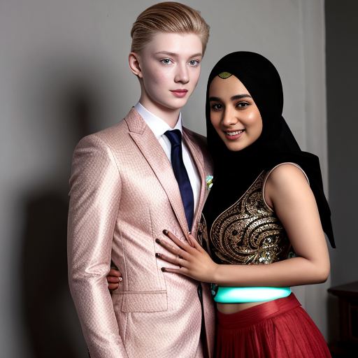 A russian handsome boy with pale skin blonde hair and blue eyes, wearing a suit,tall 188 cm staning with a Bangladeshi girl with warm skin dark eyes, wearing a red wedding full cover lehenga with hijab, 168 cm tall,  wefding scene