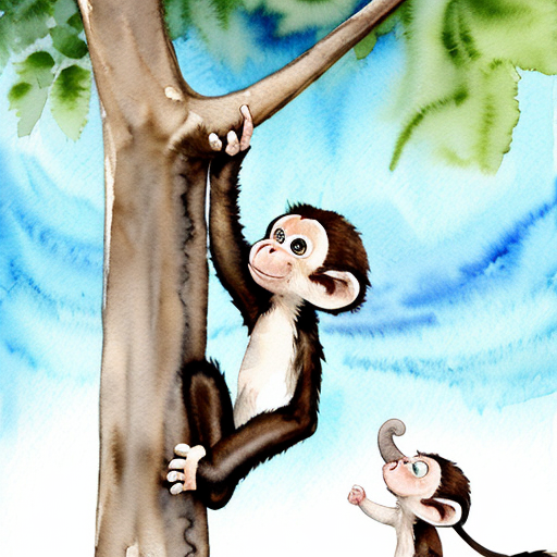 “Small monkey stuck on a tree branch, baby elephant looking up, watercolor children’s book style”