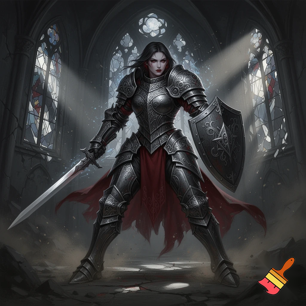 Pathfinder. dhampir female. heavy armor. Sword and shield. Gothic. High quality. Dynamic pose.