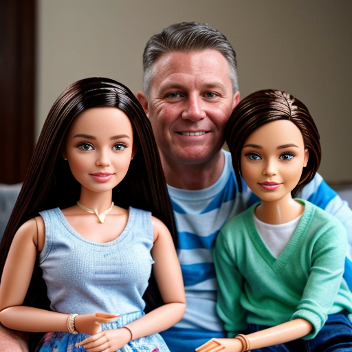 make a family photo of 3 with a 3 year old barbie and a 15 year old ken with there dad.   make barbie 3 years old