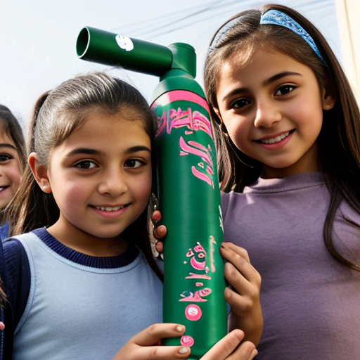 four iranian elementary school girls holding one  6 foot long missile 