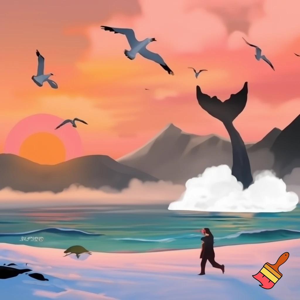 The sky was wrapped in a warm blanket of clouds whilst the sun peeped through.As I looked up,the seagulls cried out loudly as they gracefully flew across the sky.As I began walking across the velvety snow my cheeks turned bright red and my nose began to drip out water.When I opened my mouth a cloud of smoke burst out.

The mountains were grey and black.As I looked into the sky the clouds turned a bright pink and orange as they moved closer together like a happy family.The temperature dropped even lower and my legs felt like they were about to freeze  but i kept walking and didn't give up.The snow went onto my face and my hands started to become even colder but i still didn’t give up.

The waves splashed into the sky and sprayed onto my face.Whilst I wasn't looking a whale splashed out the water and into the sky my stomach dropped in shock.The water was a calm blue and green and I saw a turtle through it.
