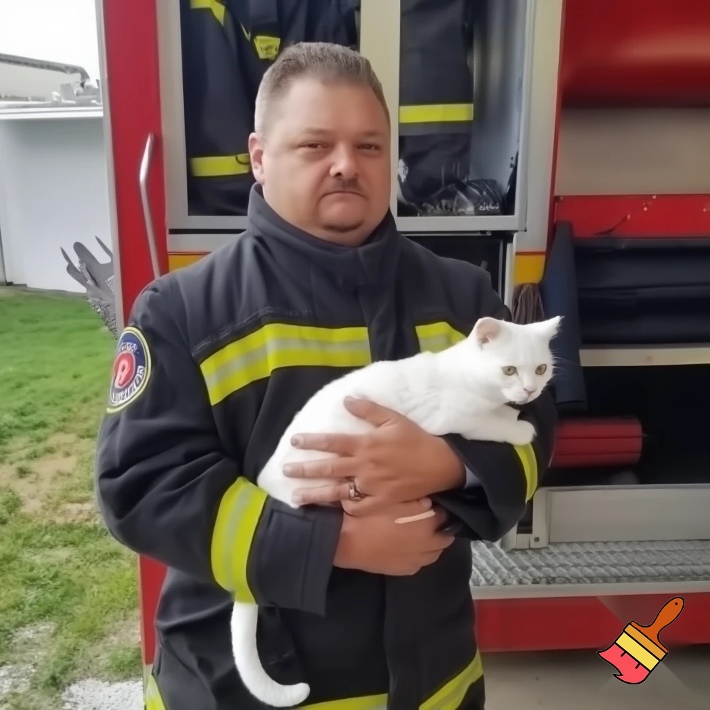 A fireman with a white cat