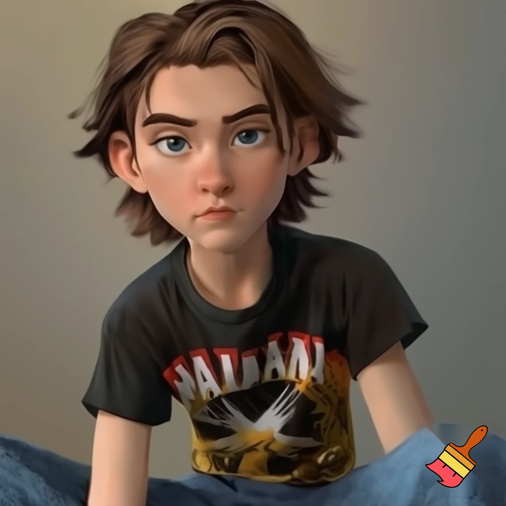 noah dier, a regular teenage boy with brow hair slightly long on top with shaves sides and big eyebrows and close set blue eyes and a big circular nose with a metallica shirt and jeans with a pear shaped face