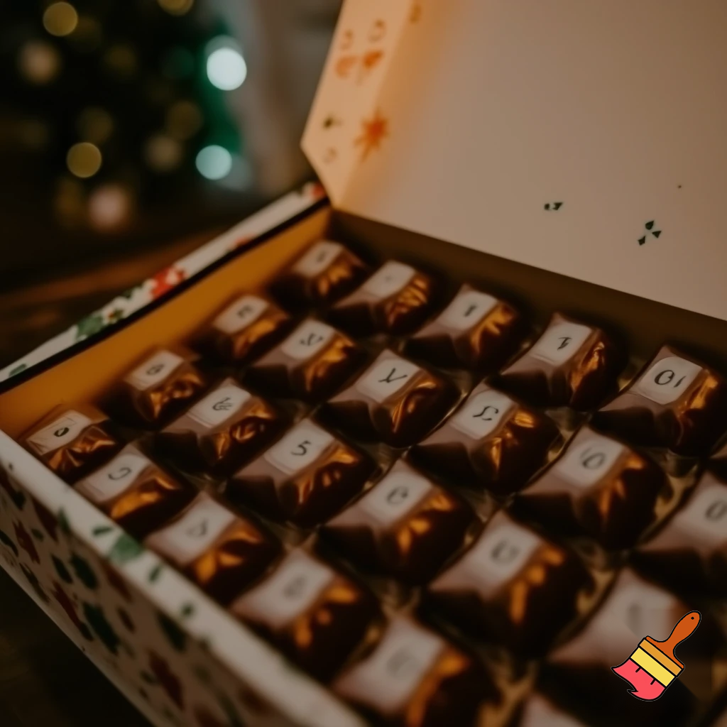 Chocolate advent calendar Numbers in the box a Christmas one hope the lead out how many days till Christmas? Christmas patterns countdown. 25.