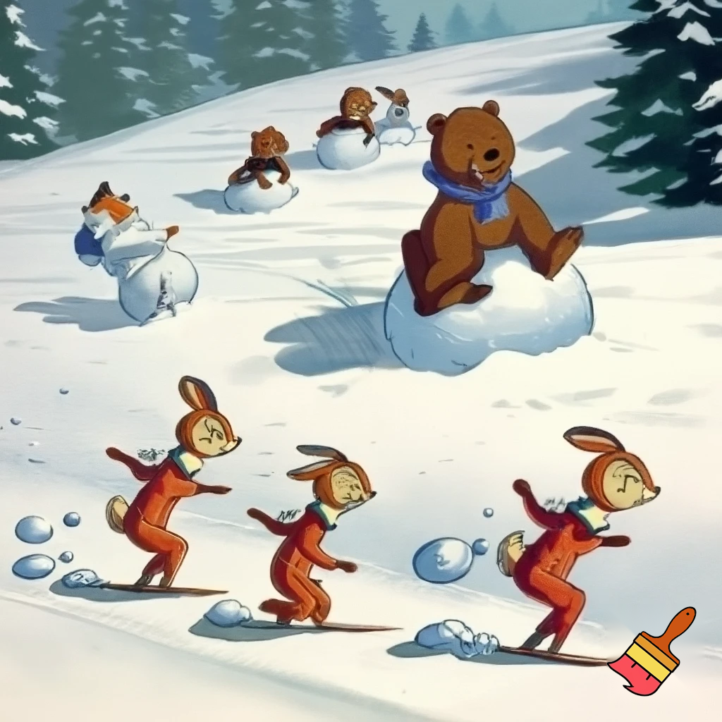 Drawing in old soviet cartoons style. Hares in ski suits are skiing on a snow-covered slope with dense forest on the edges. Next to them foxes in ski suits are skiing on a snow-covered slope with dense forest on the edges. Next to them bear cubs in winter clothes are making a snowman on a snow-covered slope with dense forest on the edges. Next to them squirells in winter clothes are playing with snowballs on a snow-covered slope with dense forest on the edges