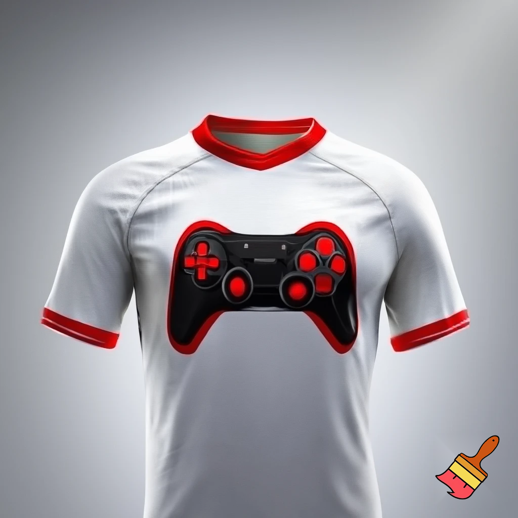 Una maglia da calcio bianca con dettagli rossi come il colletto e al centro dipinto un controller nero con Dettagli rossi