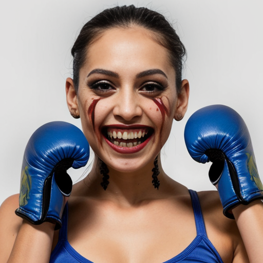 deadly dog,sharp teeth, blood driping, face tats, nose ring,navey bluey prisenor fit mug shot boxing gloves
