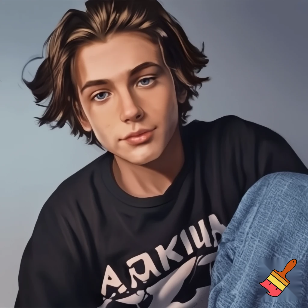 noah dier, a regular teenage boy with brow hair slightly long on top with shaves sides and big eyebrows and close set blue eyes and a big circular nose with a metallica shirt and jeans with a pear shaped face