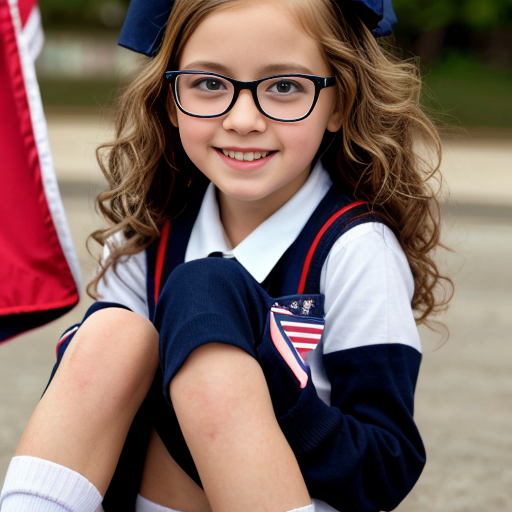 Cute adorable niña Chilindrina glasses con hair lazo curly Blonde con sailor uniforme escolar con zapatos negros escolar con calcetines blancos con Estados Unidos América bandera con desfile con ciudad 6