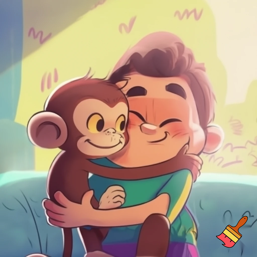 Cartoon man love his monkey 