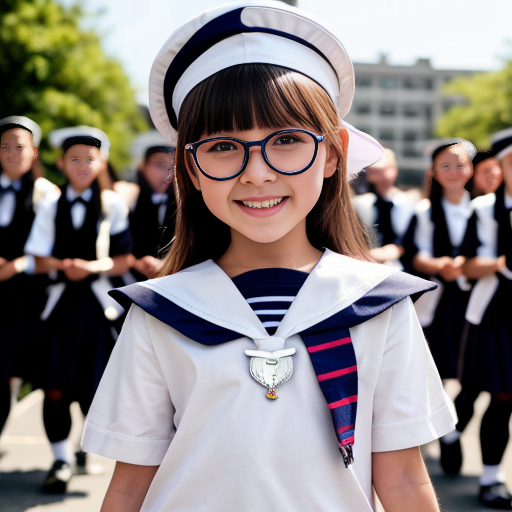 Cute adorable niña Chilindrina glasses con hair lazo con verano sailor uniforme escolar con zapatos negros escolar con calcetines blancos con sombrero sailor con caminar con desfile con ciudad 7