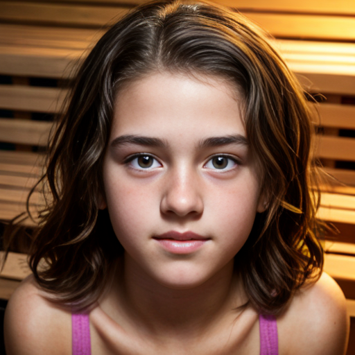 a self portrait of a 14 year old girl with wavy dark brown hair and brown eyes with a diamond face shape teenager , at sauna