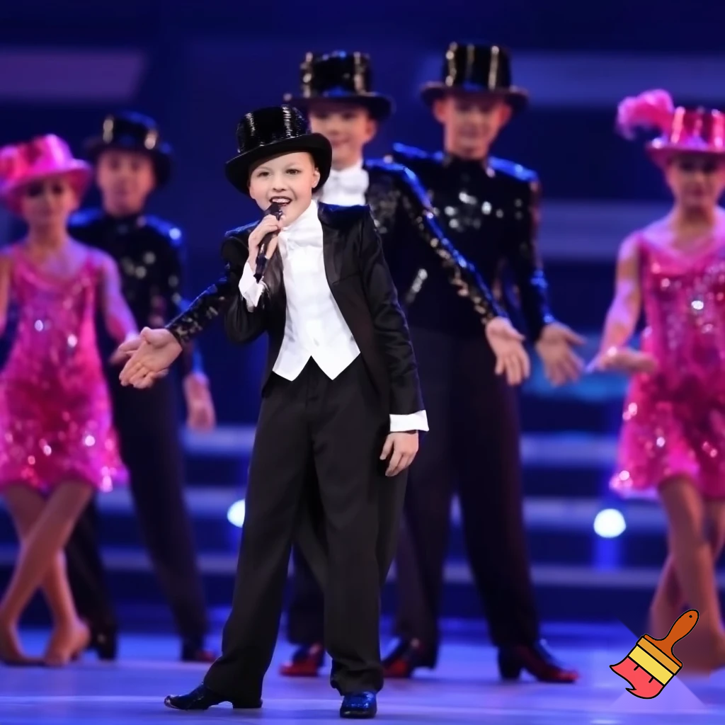 Preteen Boy in Shiny Black Top Hat White Bowtie Black Tailcoat Black Shiny Shoes Singing in Microphone on big Stage smiling. Behind him, two dancing boys in Shiny Black Top Hats and Tailcoats and two dancing Girls in Shiny Pink Hats and Sequined Pink Ballroom Dresses