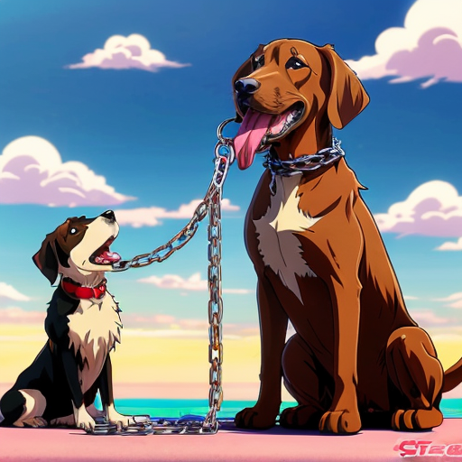 Sexy animai girl who is chained to the ground being licked by a tall dog that has saliva dripping down its teeth and it's tongue is going deep down her mouth 