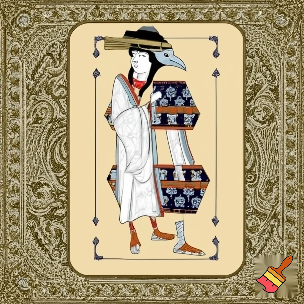 Mi fai una carta da gioco in questo stile, ma che raffigurino un corvo con il classico vestito manicheo, cioè una tunica bianca lunga fino alle zampe e una specie di cappello tubolare in testa, tutto bianco.
