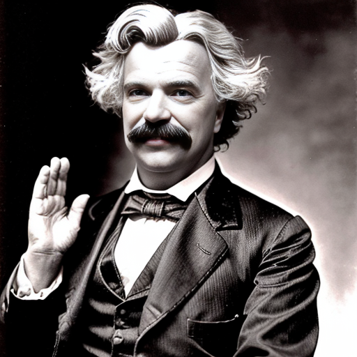 mark twain as a muppet smiling waving his arms above his head