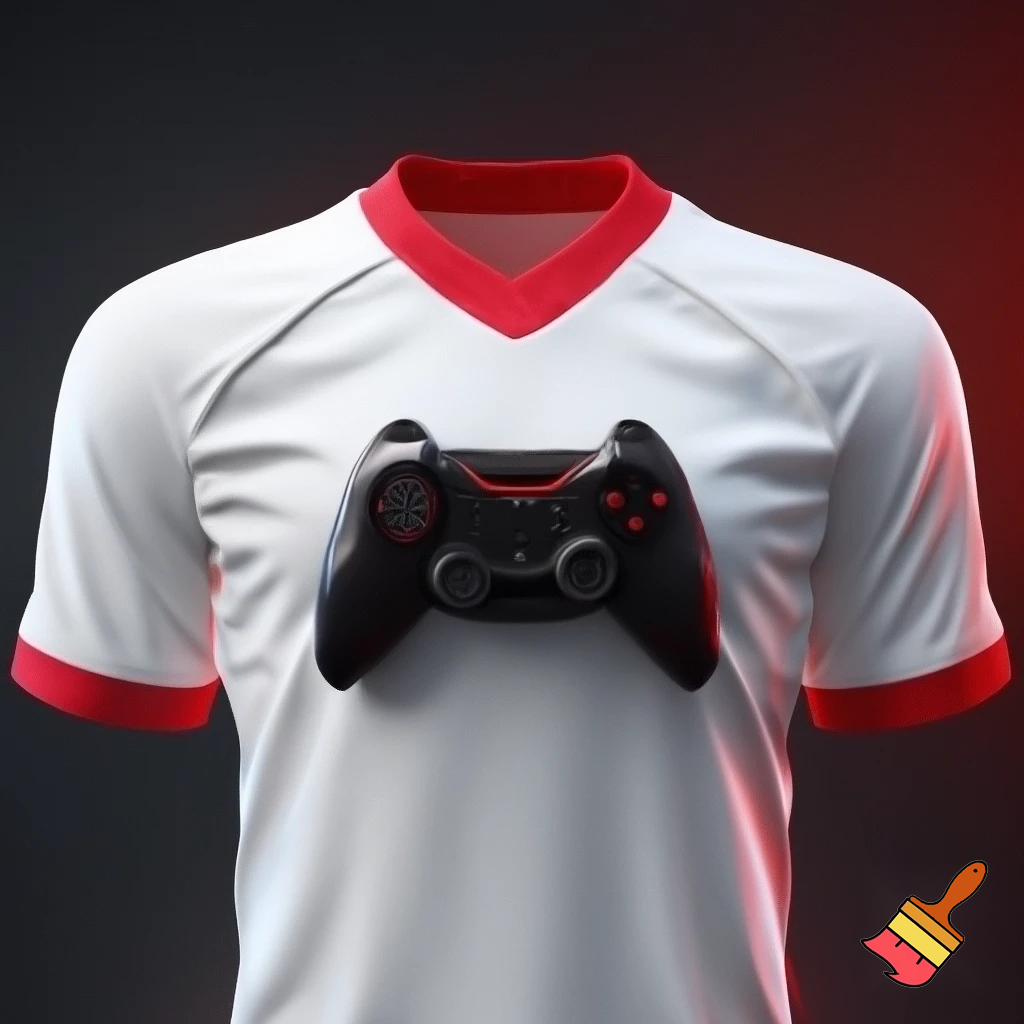 Una maglia da calcio bianca con dettagli rossi come il colletto e al centro dipinto un controller nero con Dettagli rossi