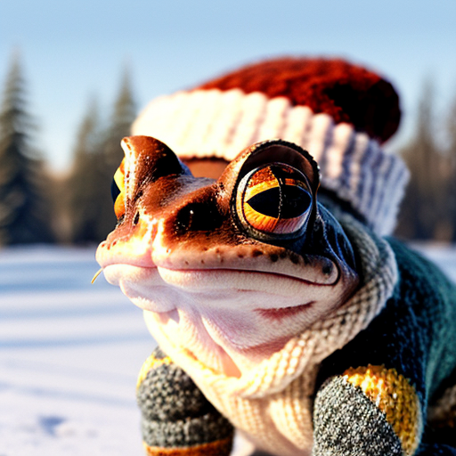 A laughable, puzzled animal toad in woolen, multicoloured winter clothings with woolen winter cap. Hyperrealistic art style.