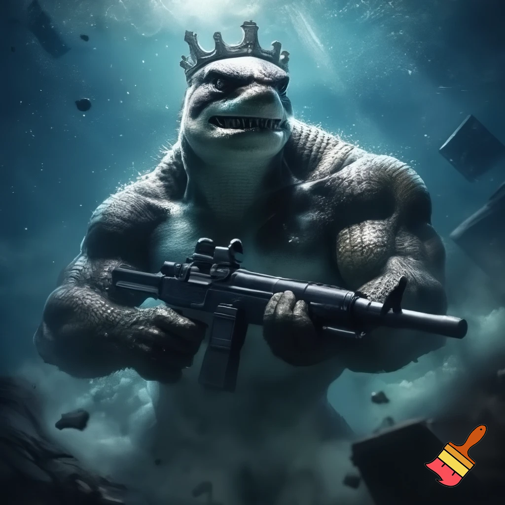 King shark prince nanaue using a assault rifle 