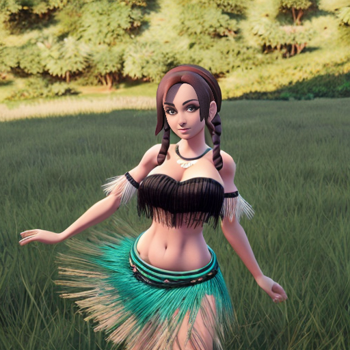 Lana from Pokemon Sun and Moon outfit otea tahiti  in  grass skirt  bleu and tassel   bleu sky 