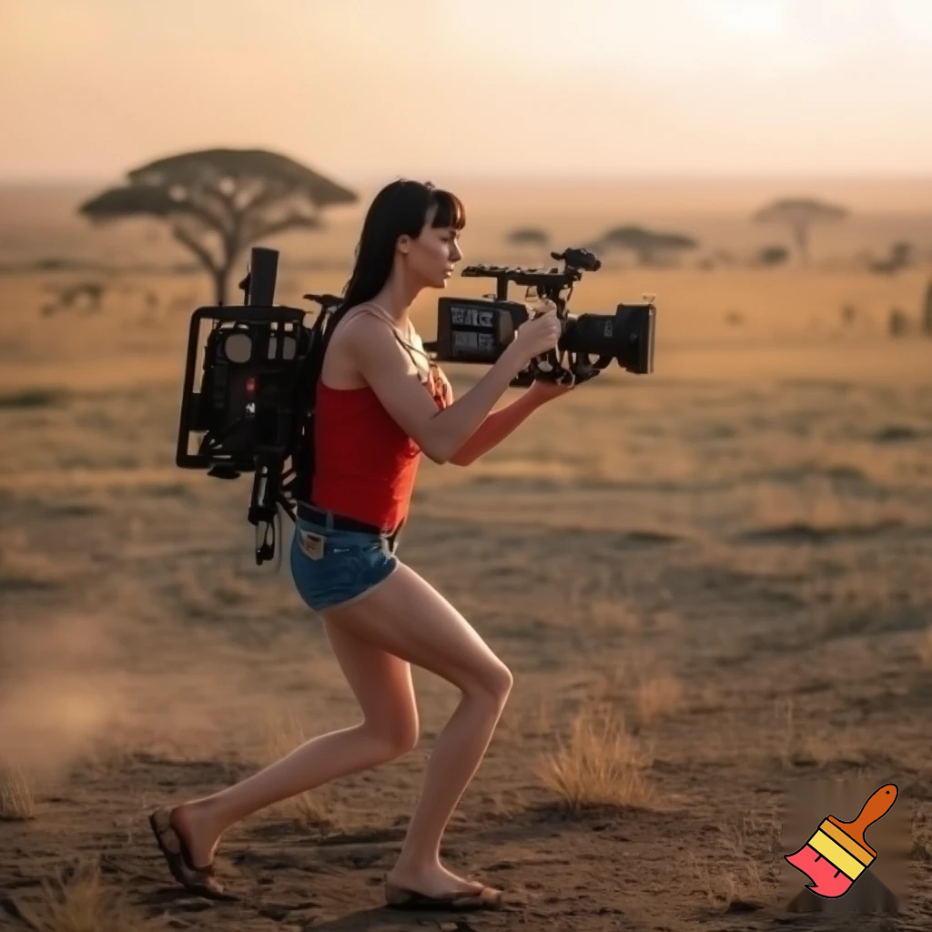 A cute and muscular black-long-and-side-swept-banged-haired fair white woman with arriflex digital camera and wearing red tank top and woman's blue short jeans and putting the sandals on her feet is filmming the plains of the Serengeti in Tanzania.