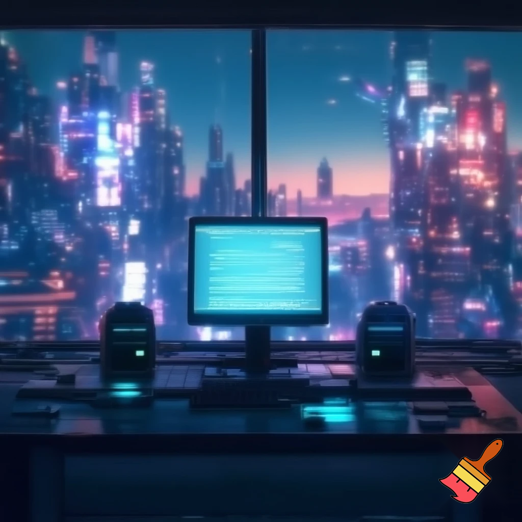 Computer with speakers in front of a city view window 