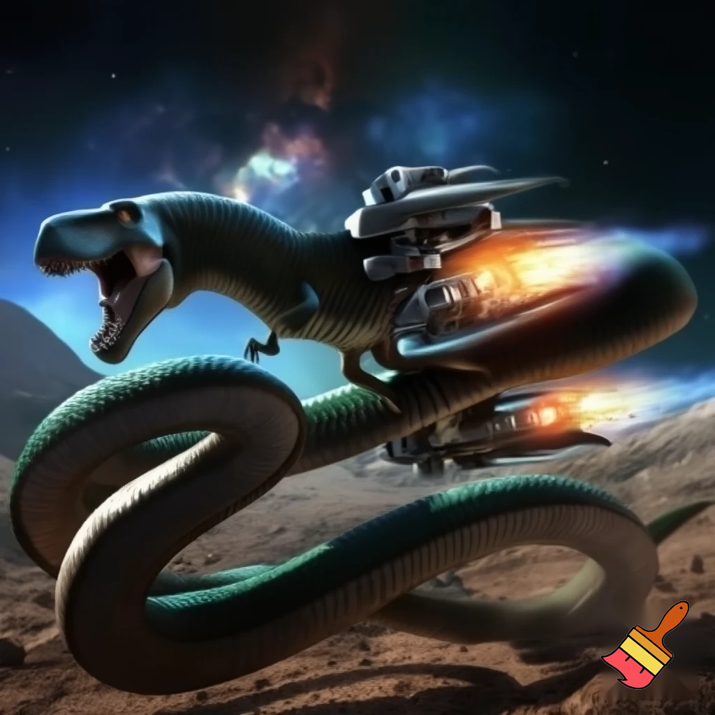 A snake with t-Rex arms and legs with a jetpack