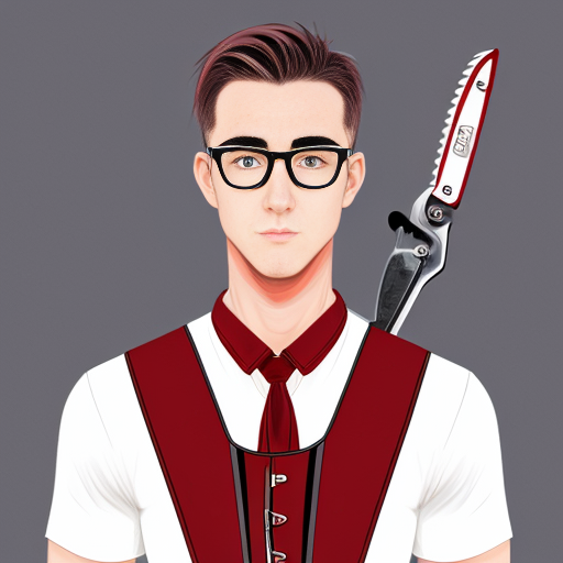 make a rough sketch of a feminine man (digital art style), whose tall and slender body type, white long hair, corset over a short sleeve button up; make it formal yet pretty, he has one red eye and pretty lashes, and holding a chainsaw. he also has thin oval glasses, and a red ribbon tied around his neck.
