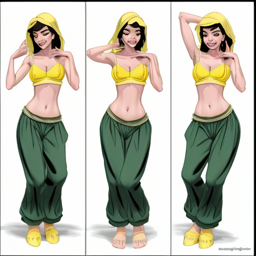 90's disney's 2d aladdin style comic black background and panels of panel 1 tiana with dark green harem pants and bra and curved slippers with both hand palms place together and hiding the bottom of her mouth with a dark green veil wrapped around her arms and attached to her head. 
panel 2 she danced with dark green harem pants barefoot with dark green bra and dark green curved slippers dark green veil wrapped around her arms and shoulders and raising legs and bounced up and down her belly and shook her hips left and right. 
panel 3 as tiana with dark green harem pants and bra and dark green curved slippers and spreading her arms, happily revealing her face to the viewer and giving a smile as she turns around shook her butt left and right. 
Panel 4 as tiana  with dark green harem pants and bra and dark green curved slippers started to fading away , except her belly, which is bouncing around. 
Panel 5 then the ball transforms into the fading in belly of snow white  with yellow harem pants and yellow bra and yellow curved slippers and a yellow veil wrapped around her arms and shoulders with her swaying her hips. 
Panel 6 snow white  with yellow harem pants, yellow bra, yellow curved slippers and yellow veil wrapped around her arms and shoulders gives a smile and winking her left eye 