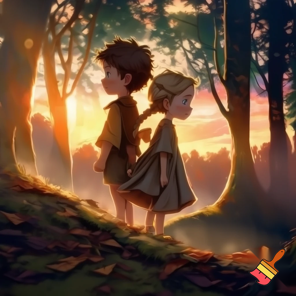 Two kids one girl one boy back to back in a sunset forest