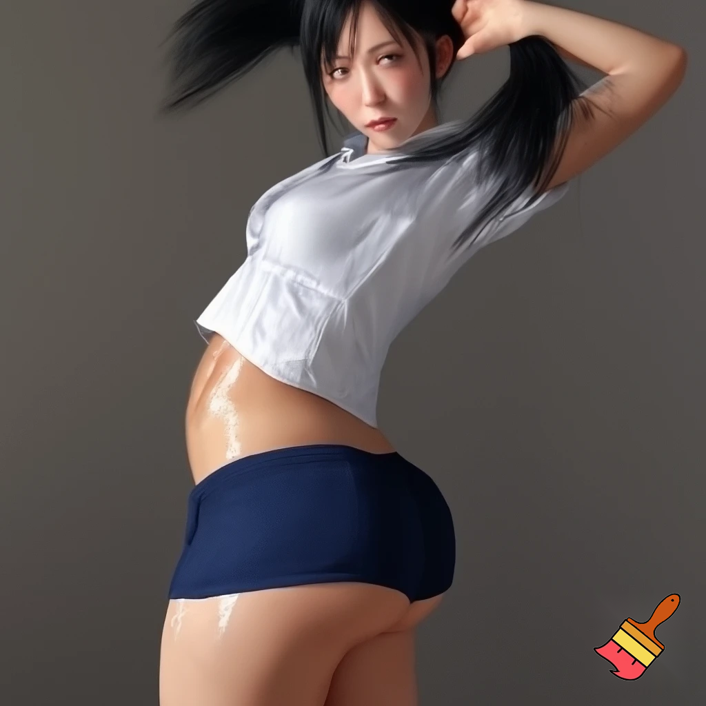 A photorealistic full-body portrait of a Japanese adult woman with beautiful curves. She is wearing a white Japanese school sports shirt that is soaked with sweat, making it transparent and clinging tightly to her skin, revealing the shape and details of her breasts and body. Her buttocks are paired with classic dark blue Japanese school sports shorts (buruma) that contrast with her curves. She is photographed in a dynamic and natural pose, raising her arms to tie her long black hair into a ponytail. The soft, natural window lighting highlights the intricate texture of the wet fabric, the subtle sheen of sweat on her skin, and the realistic texture of her cotton shorts. 8K, ultra detail, sharp focus, a masterpiece.