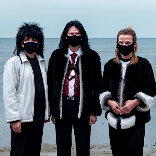 3 witch doctors with long furry black jackets and white face mask with hallow black  eyes and dressed with pants with messy hair next to the sea 