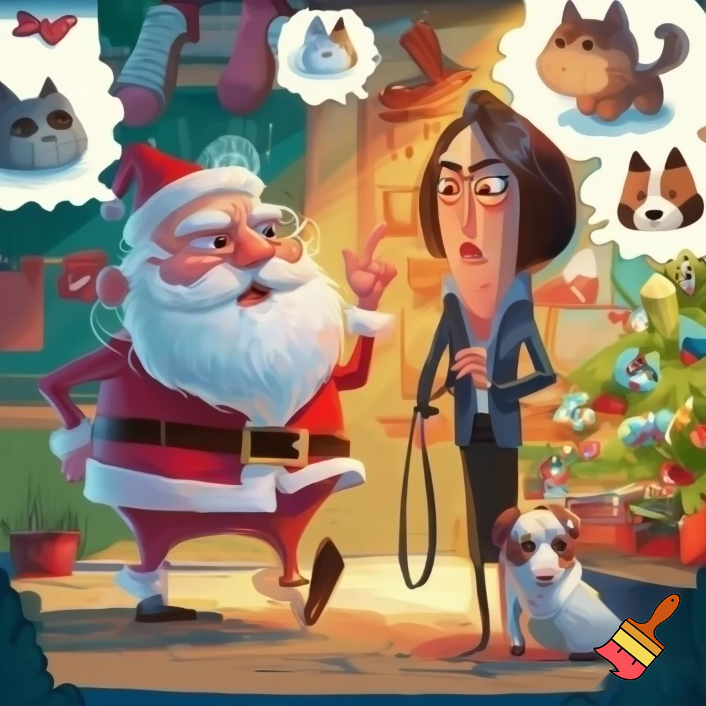 teacher and Santa fighting over if cats or dogs are better
