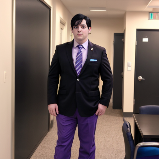 a anime tall guy with black hair purple eyes business pants
 
