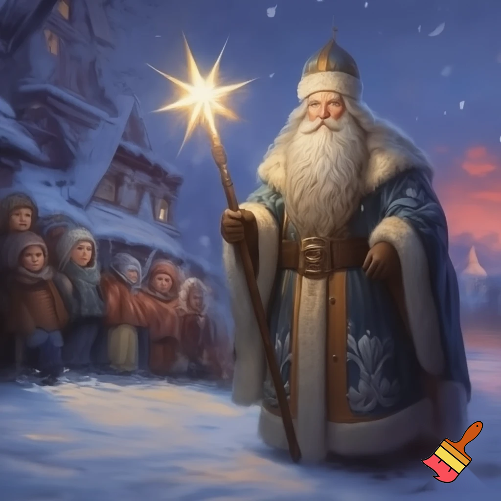 Russia, Santa Claus walking sticks star real Santa Claus people