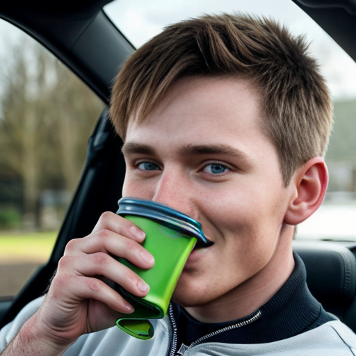 generwate an image of conor macmanus from ireland brown hair 5 ft 6 and from blackrock colage and with a blue quater zip first year driving a ferrrari car no helmet still wearing the blue quater zip wereing a quaterzip drinking matcha from a starbuck cup 13 year old


