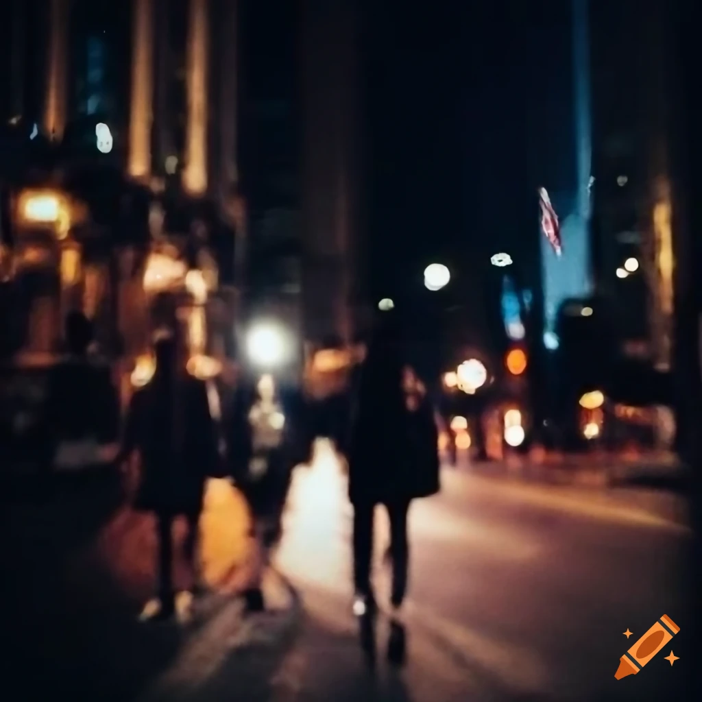 Polaroid of friends walking down the street at night in Manhattan, blurry