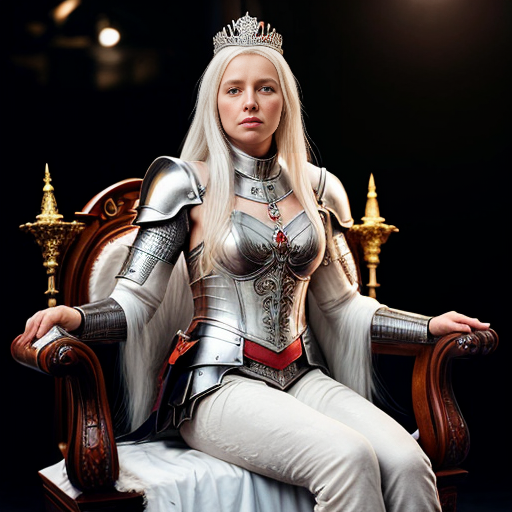 Tall, white-haired Queen of Poland in armor sitting on a throne