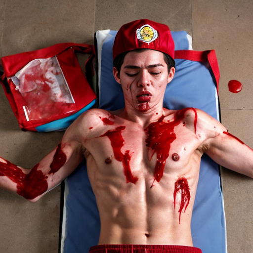 Lifeless man body (18-years old) with red cap on floor, shirt pull into shirtless, blood and organs exposed ribs on center chest, both eyes closed, mouth bleeding blood. 