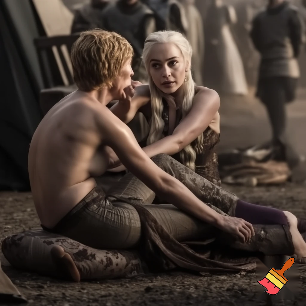 Cersei Lannister and Daenerys Targaryen fighting in a camp, Cersei Lannister is is sitting astride Daenerys .both are naked and all sweaty 
