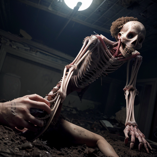 A photorealistic a moonlit cemetery torn apart by carnage, the ground slick with coagulating blood and chunks of unrecognizable viscera. At the center, a towering, skinless beast crouches over a mangled corpse, its exposed musculature glistening under the pale light, strands of sinew and torn ligaments dangling from its frame like macabre streamers. Its jagged, yellowed teeth gnash together as it lifts a severed arm to its lipless maw, blackened claws sinking into rotting flesh. Behind it, unearthed graves yawn open, their former occupants strewn in grotesque heaps—ribcages split wide, spinal cords unspooled like frayed rope. The air seems thick with the metallic stench of gore, and every twisted detail, from the beast's milky, pupil-less eyes to the way its tendons flex with each monstrous movement, is rendered in chilling photorealism.