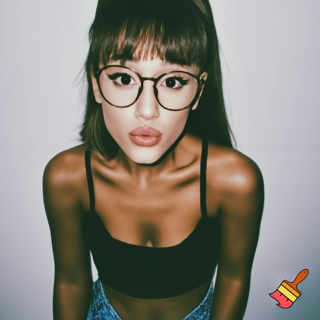 ariana grande with bangs with a black crop top with jeans with glasses posing in a white wall ,2017 quality ,grainy aesthetic posing ,she is doing the kiss lips pose ,realistic, close up 