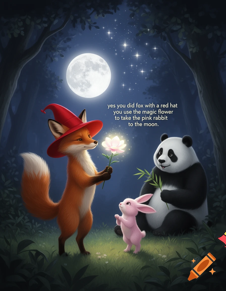 yes you did fox with a red hat you use the magic flower to take the pink rabbit to the moon said the panda tesher