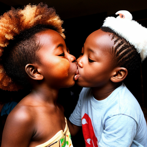 An african kid French kissing a friend chicken